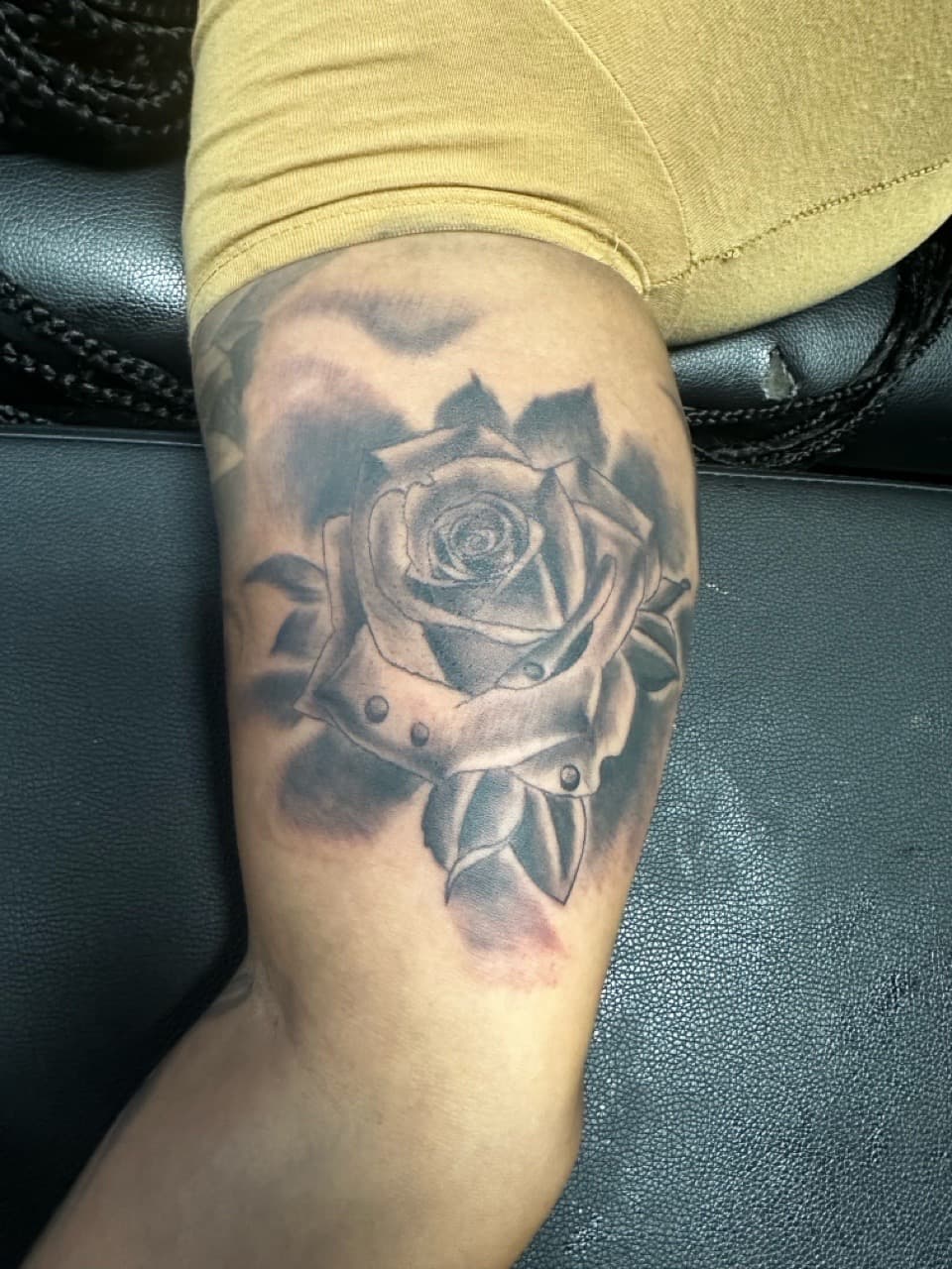 Black & Grey + Floral rose tattoo on Upper Arm by Mafia_Ink on TattMe