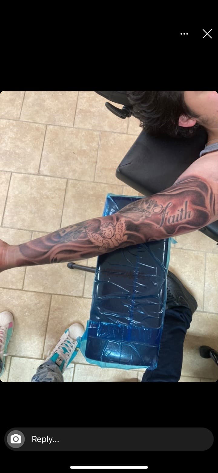 Black & Grey + Lettering faith tattoo on Half Sleeve by Mafia_Ink on TattMe