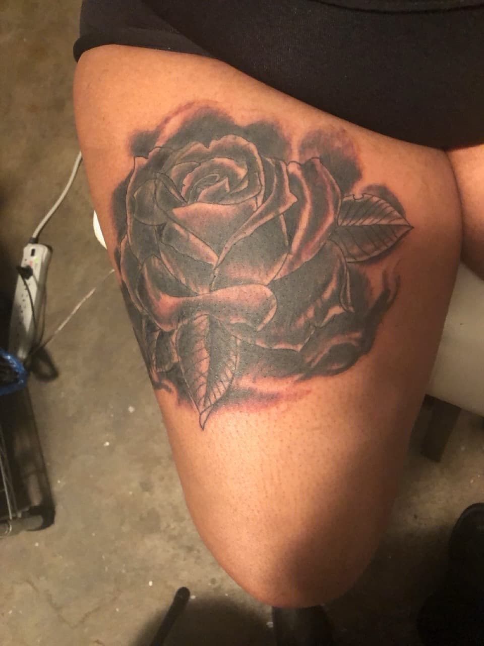 Black & Grey + Floral rose tattoo on Thigh by Mafia_Ink on TattMe