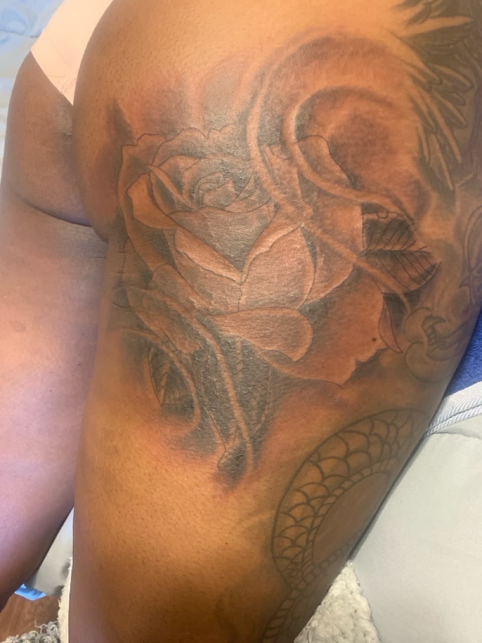 Black & Grey + Floral rose tattoo on Thigh by Mafia_Ink on TattMe