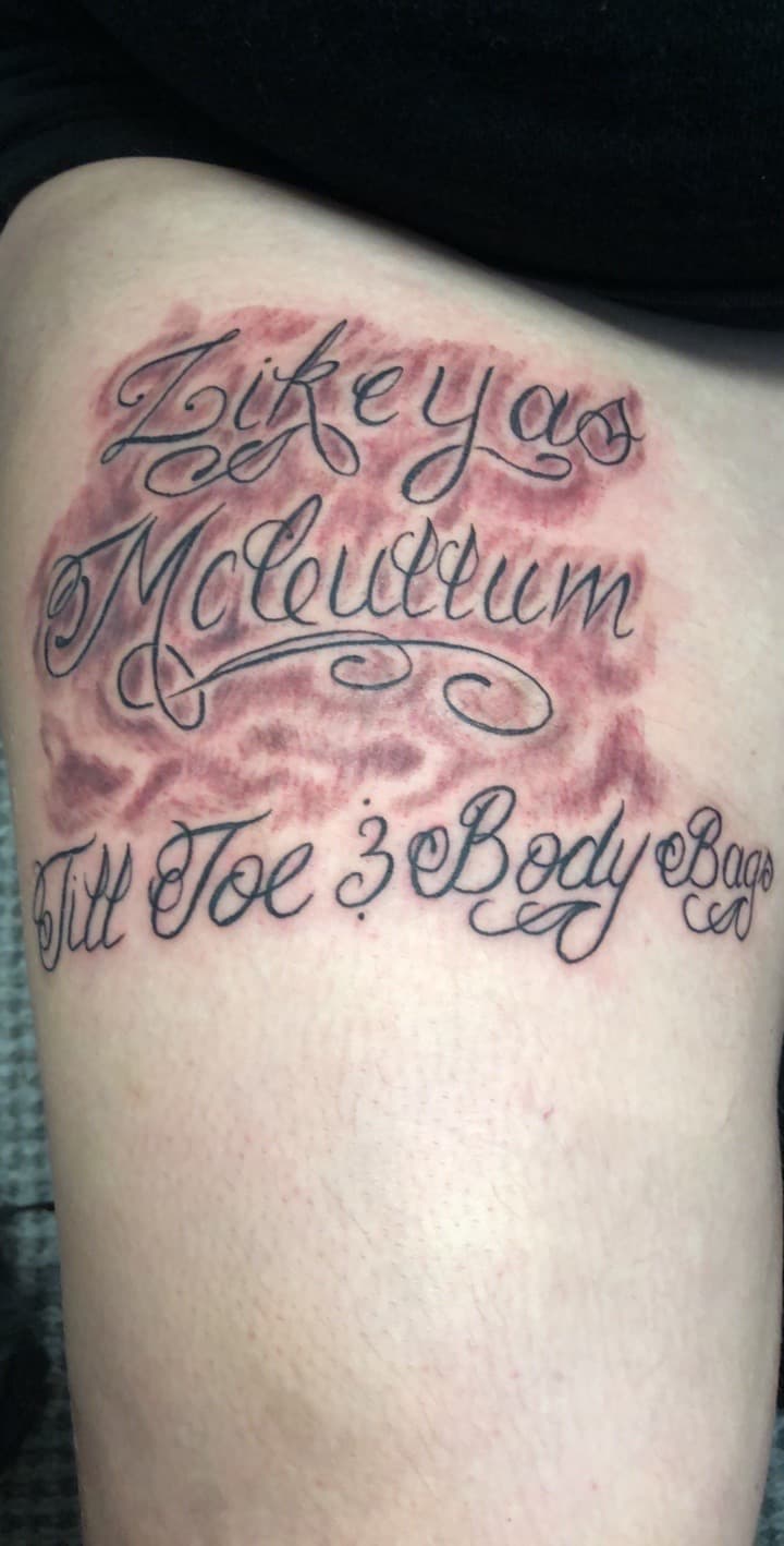 Lettering + Script clouds tattoo on Thigh by Mafia_Ink on TattMe