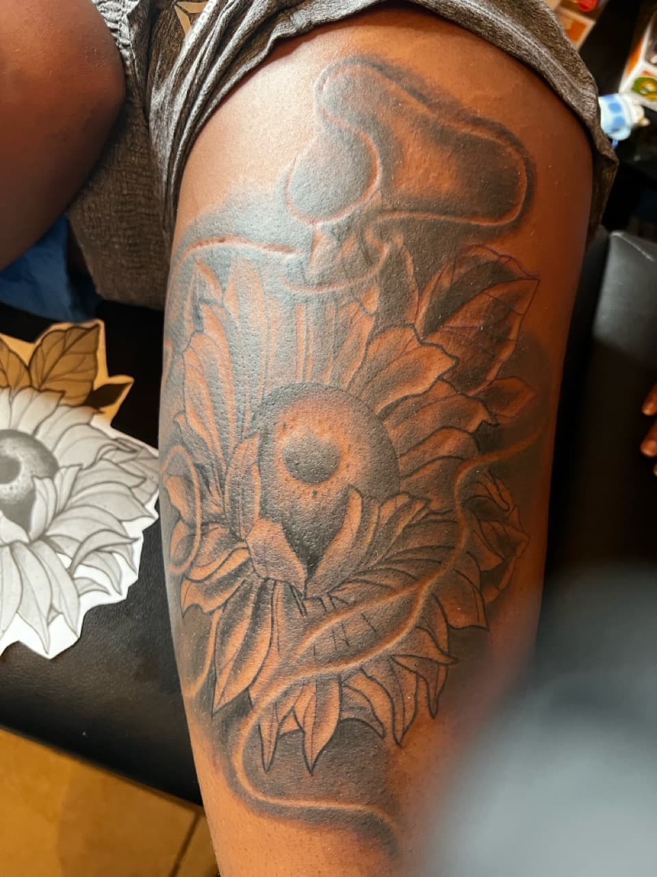 Black-work + Floral sunflower tattoo on Thigh by Mafia_Ink on TattMe