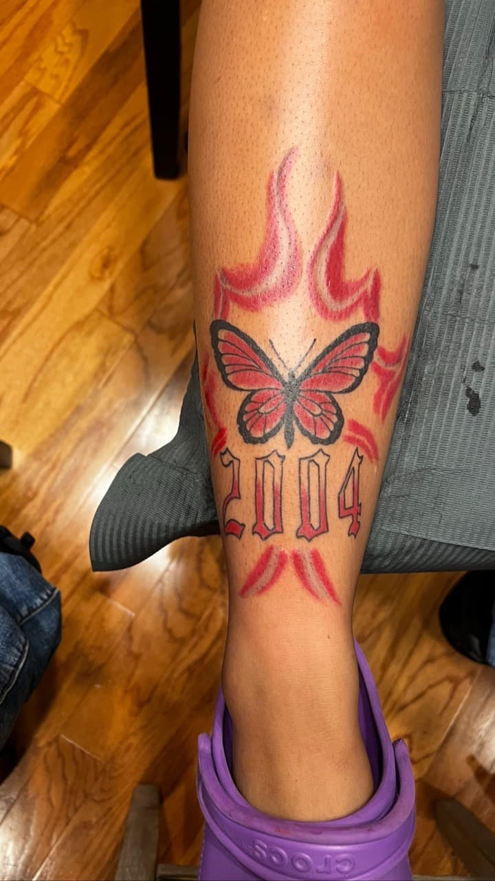 Color + Lettering butterfly tattoo on Shin by Mafia_Ink on TattMe