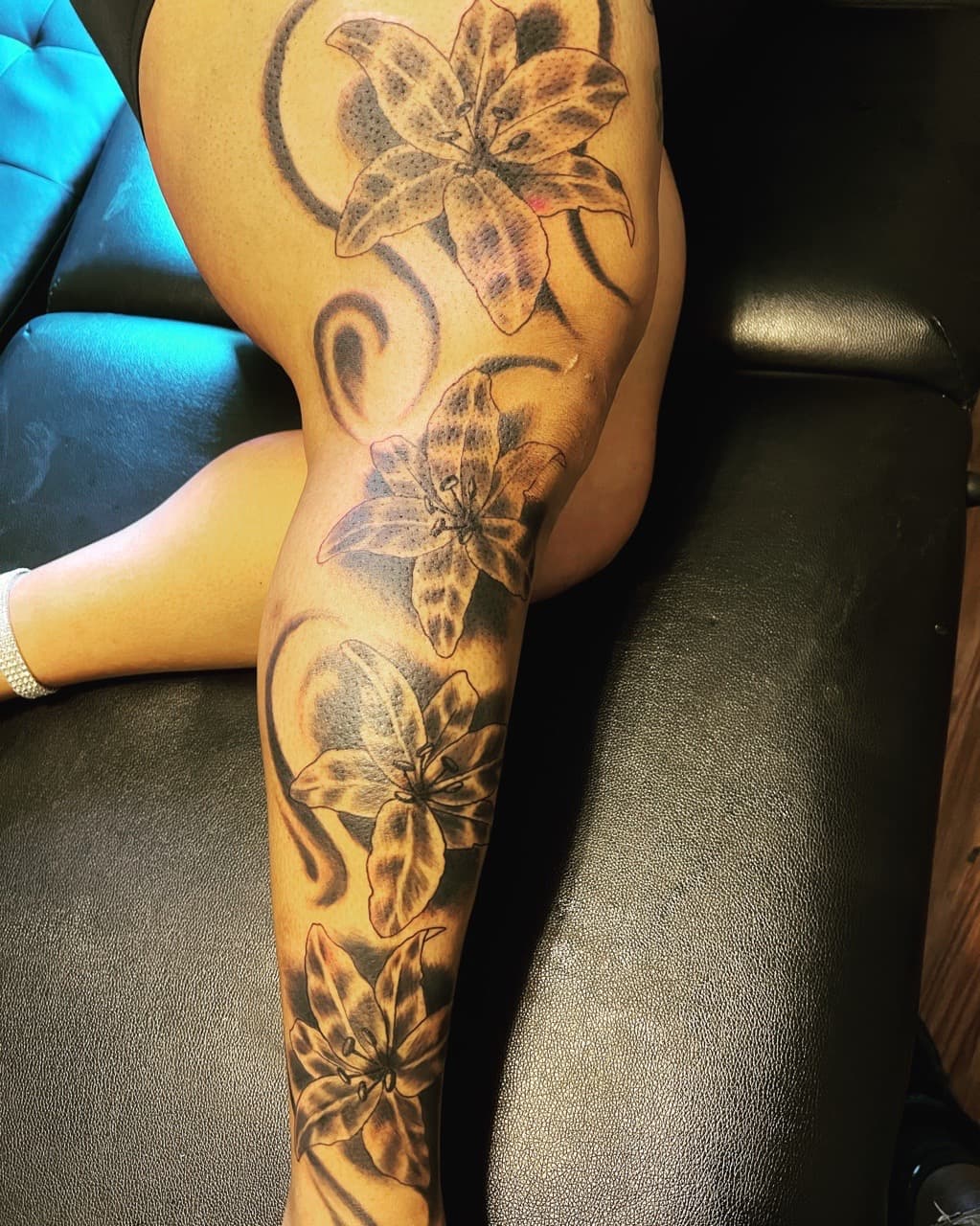 Floral + Black & Grey flowers tattoo on Calf by Mafia_Ink on TattMe