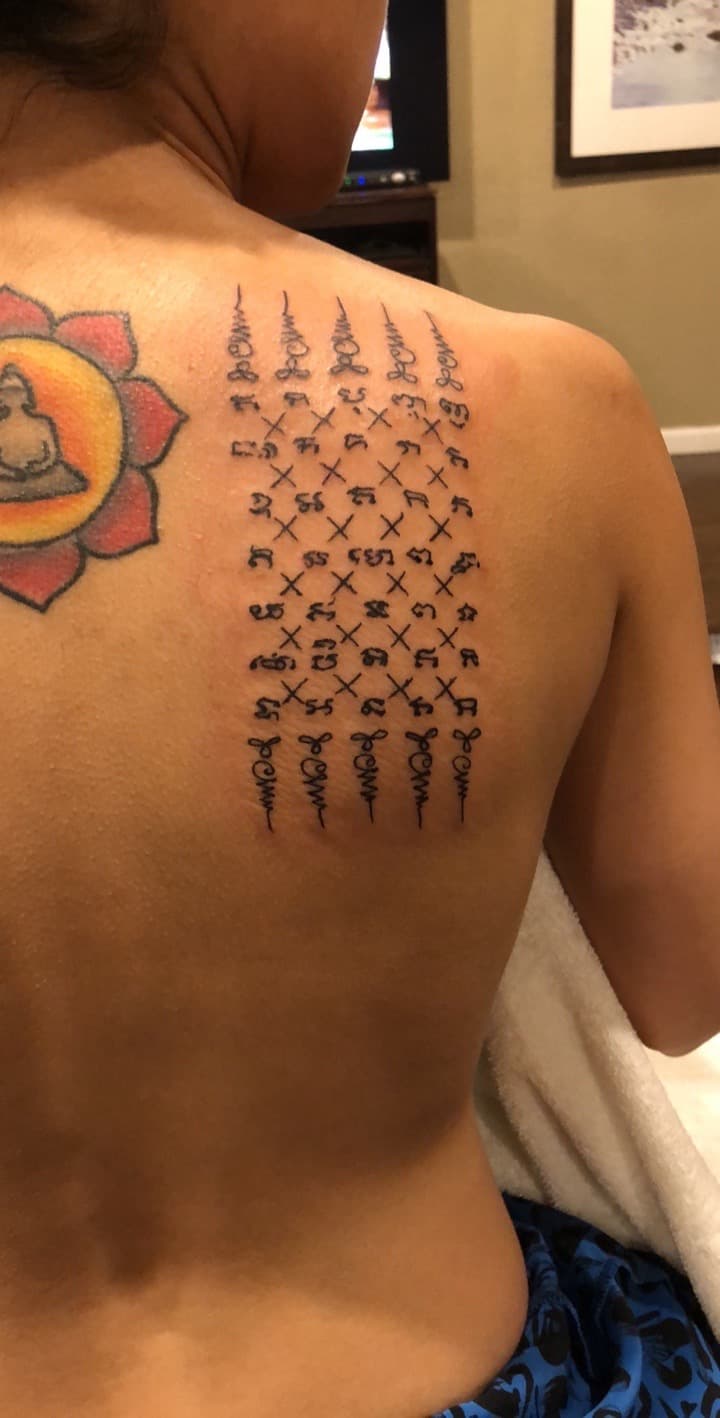 Black-work + Color symbols tattoo on Upper Back by Mafia_Ink on TattMe