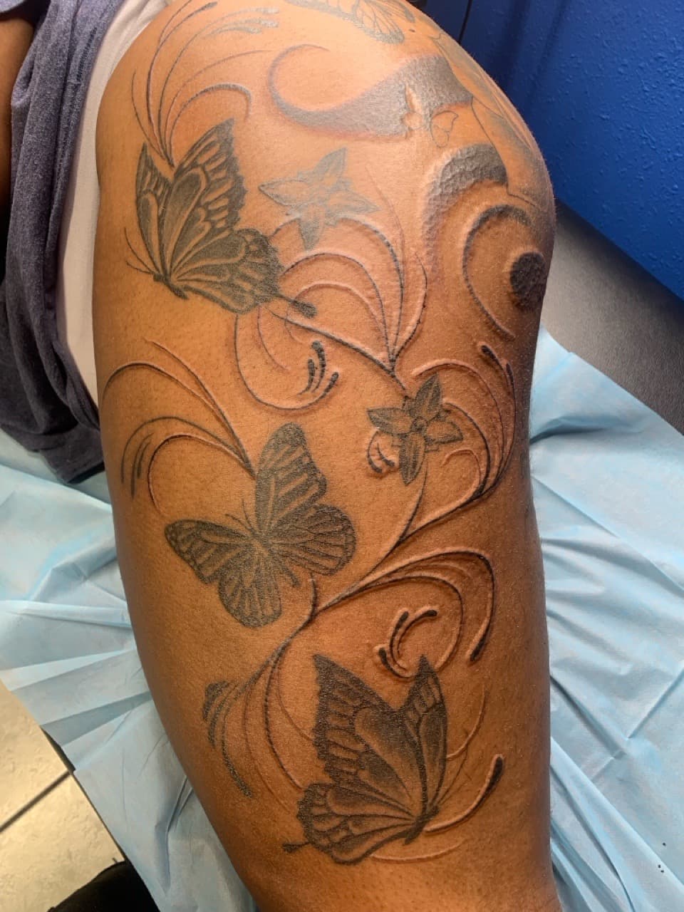 Fine Line + Black & Grey butterflies tattoo on Thigh by Mafia_Ink on TattMe