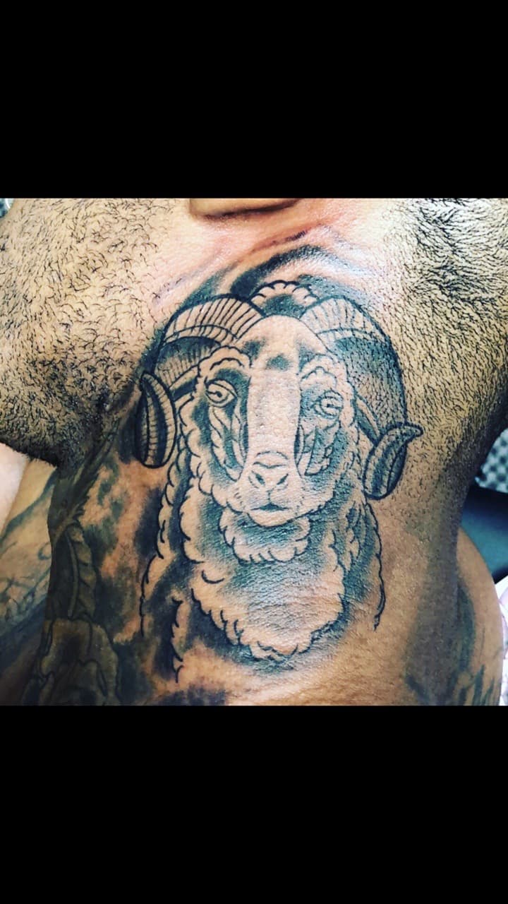 Black & Grey + Illustrative ram tattoo on Neck (Front) by Mafia_Ink on TattMe