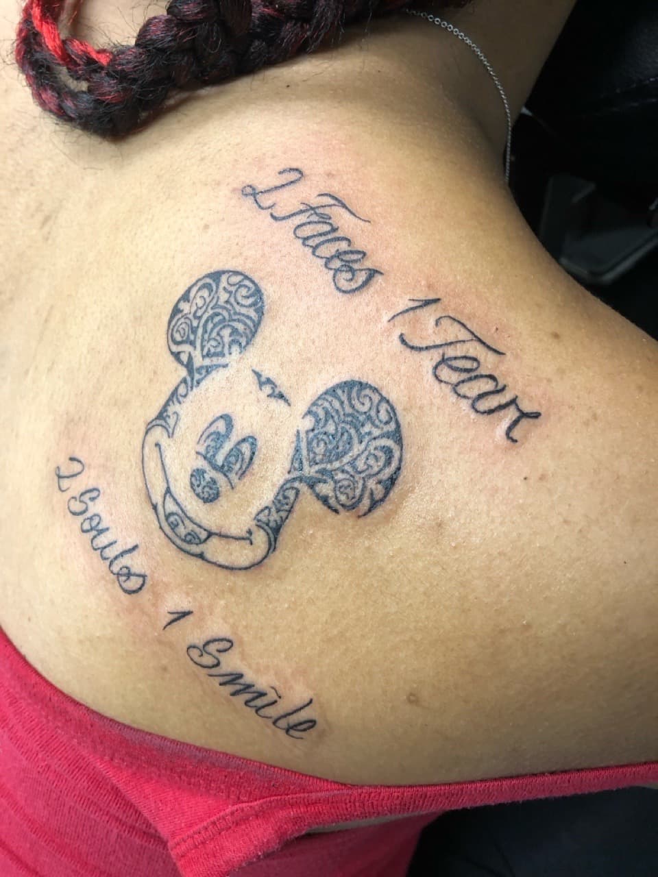 Lettering + Script mickey mouse tattoo on Shoulder Blade by Mafia_Ink on TattMe