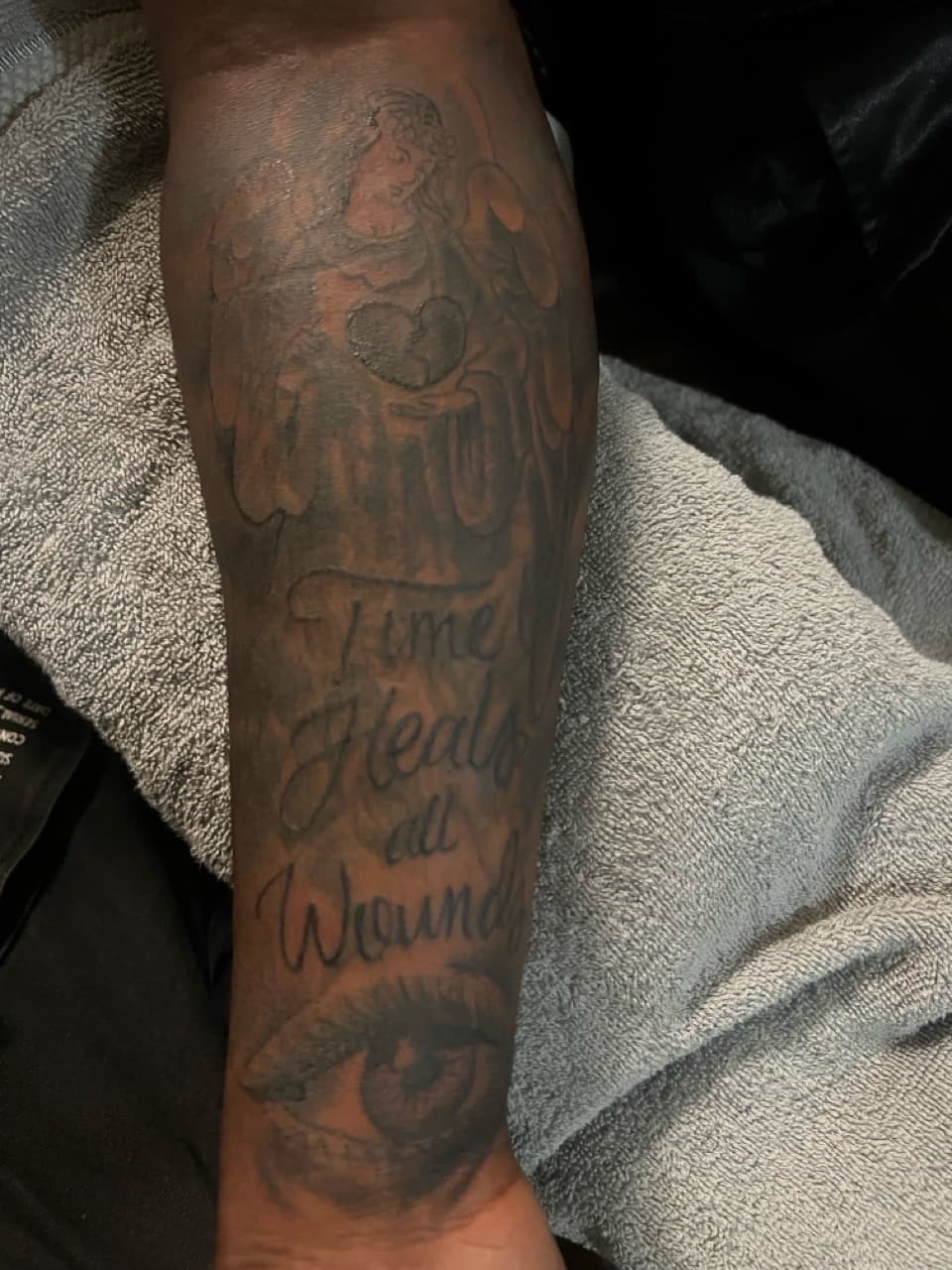 Black & Grey + Lettering angel tattoo on Forearm by Mafia_Ink on TattMe