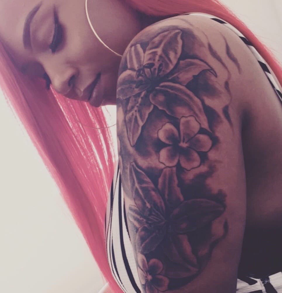 Black & Grey + Floral flowers tattoo on Upper Arm by Mafia_Ink on TattMe