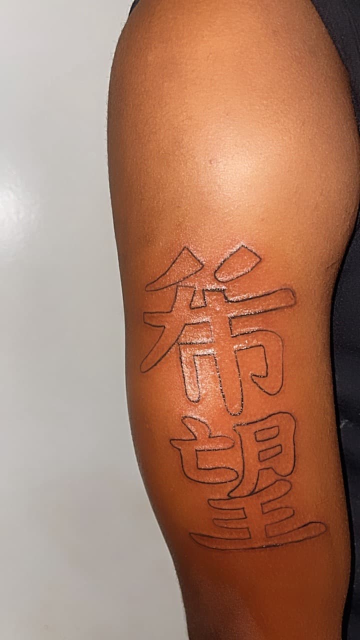 Lettering + Line-work characters tattoo on Upper Arm by RAW_INK on TattMe