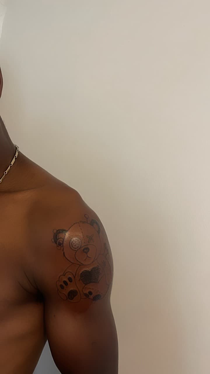 Fine Line + Black-work teddy bear tattoo on Shoulder by RAW_INK on TattMe