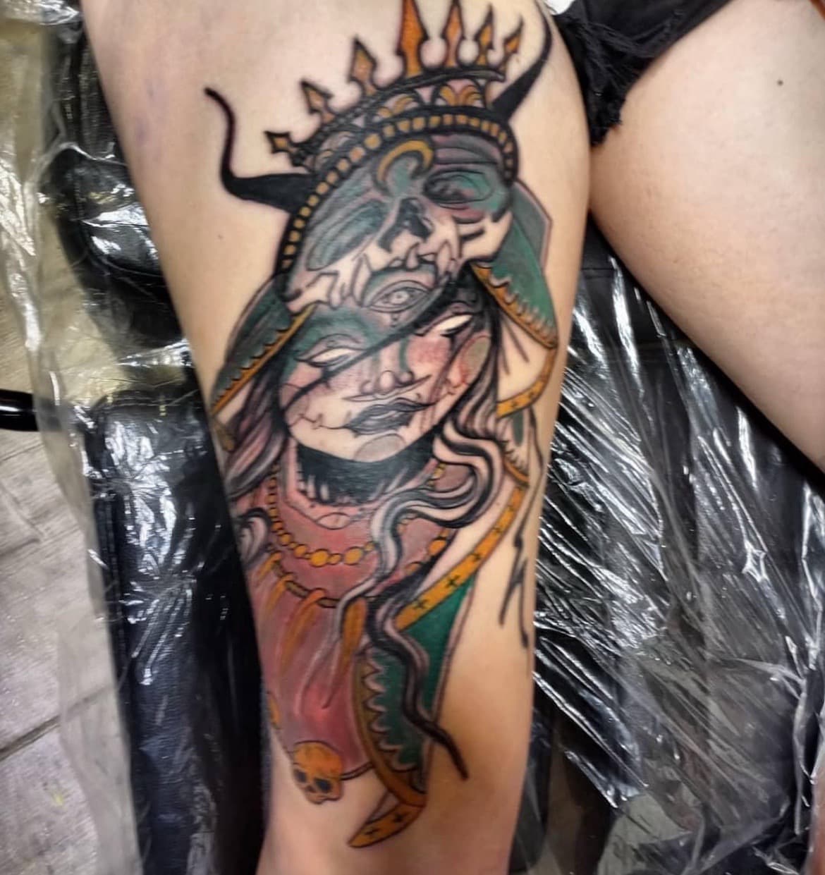 Neo-Traditional + Illustrative figure tattoo on Thigh by Bass on TattMe