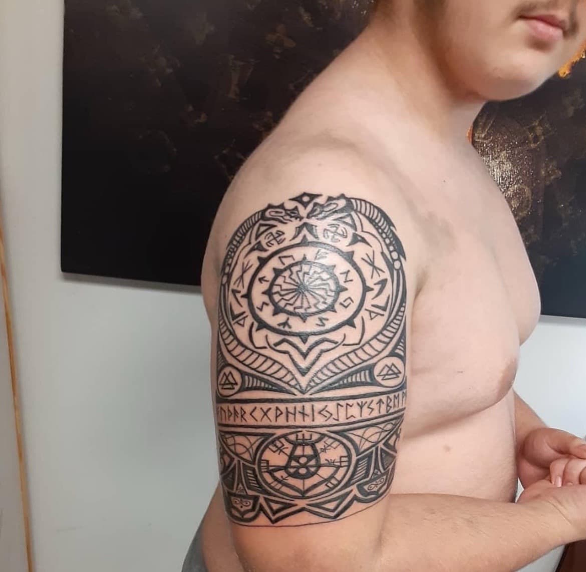 Black-work + Geometric runes tattoo on Upper Arm by Bass on TattMe