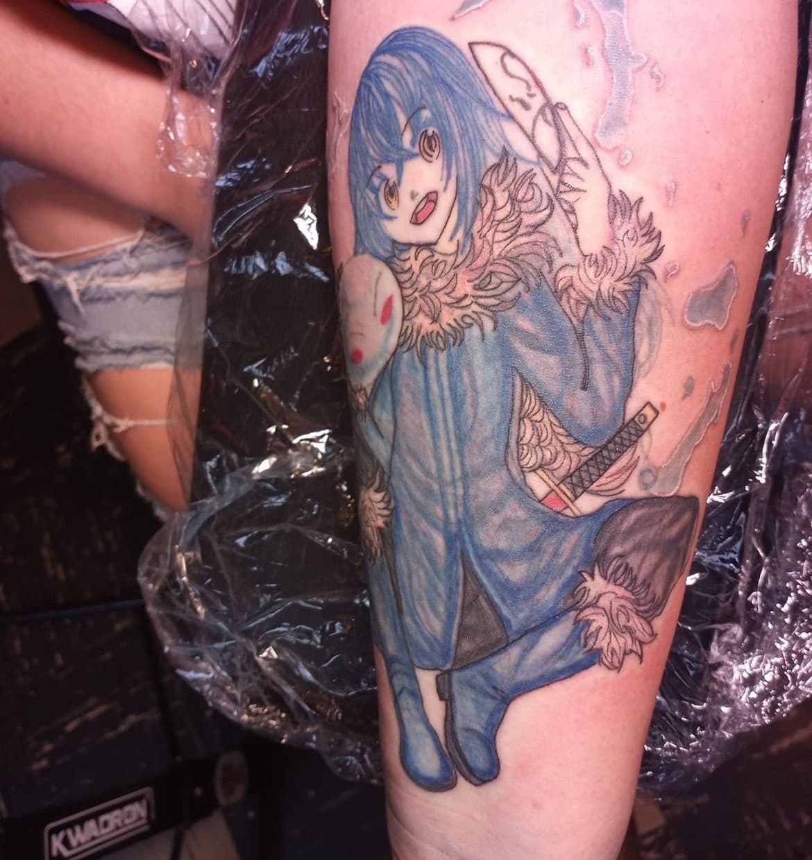 Anime + Color mask tattoo on Thigh by Bass on TattMe