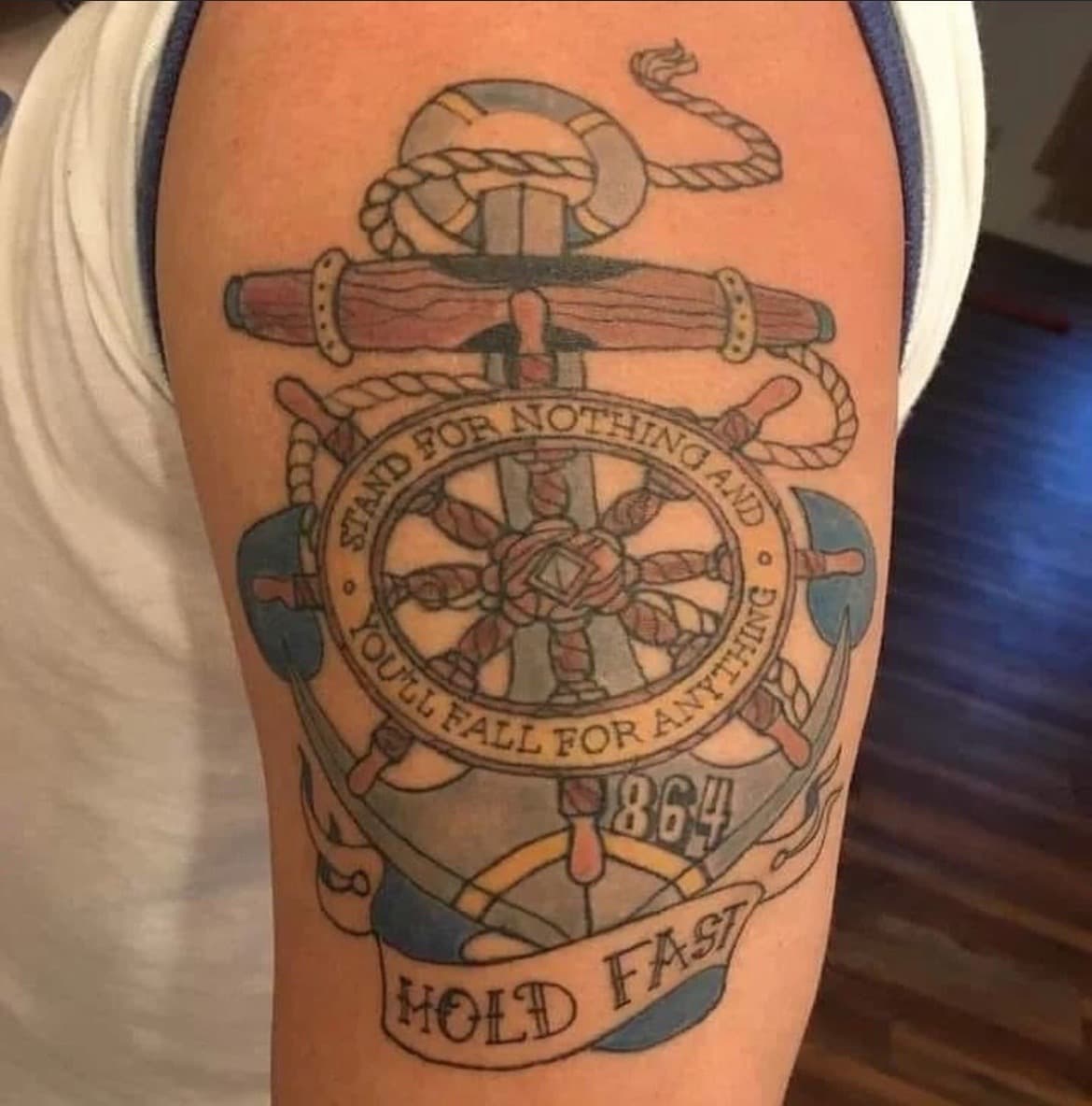 Traditional + Color anchor tattoo on Upper Arm by Bass on TattMe