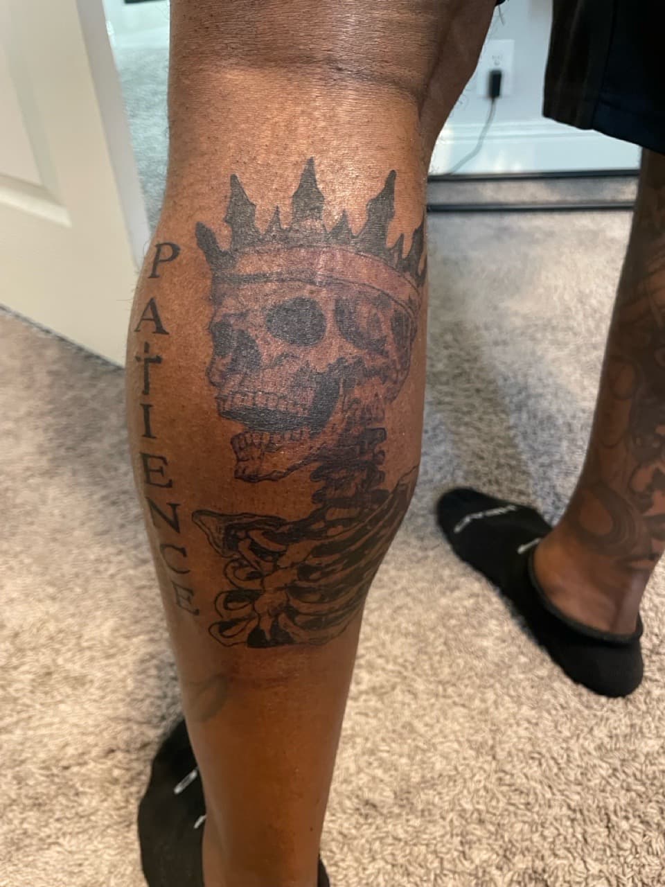 Black & Grey + Illustrative skeleton tattoo on Calf by inkedbyzay on TattMe