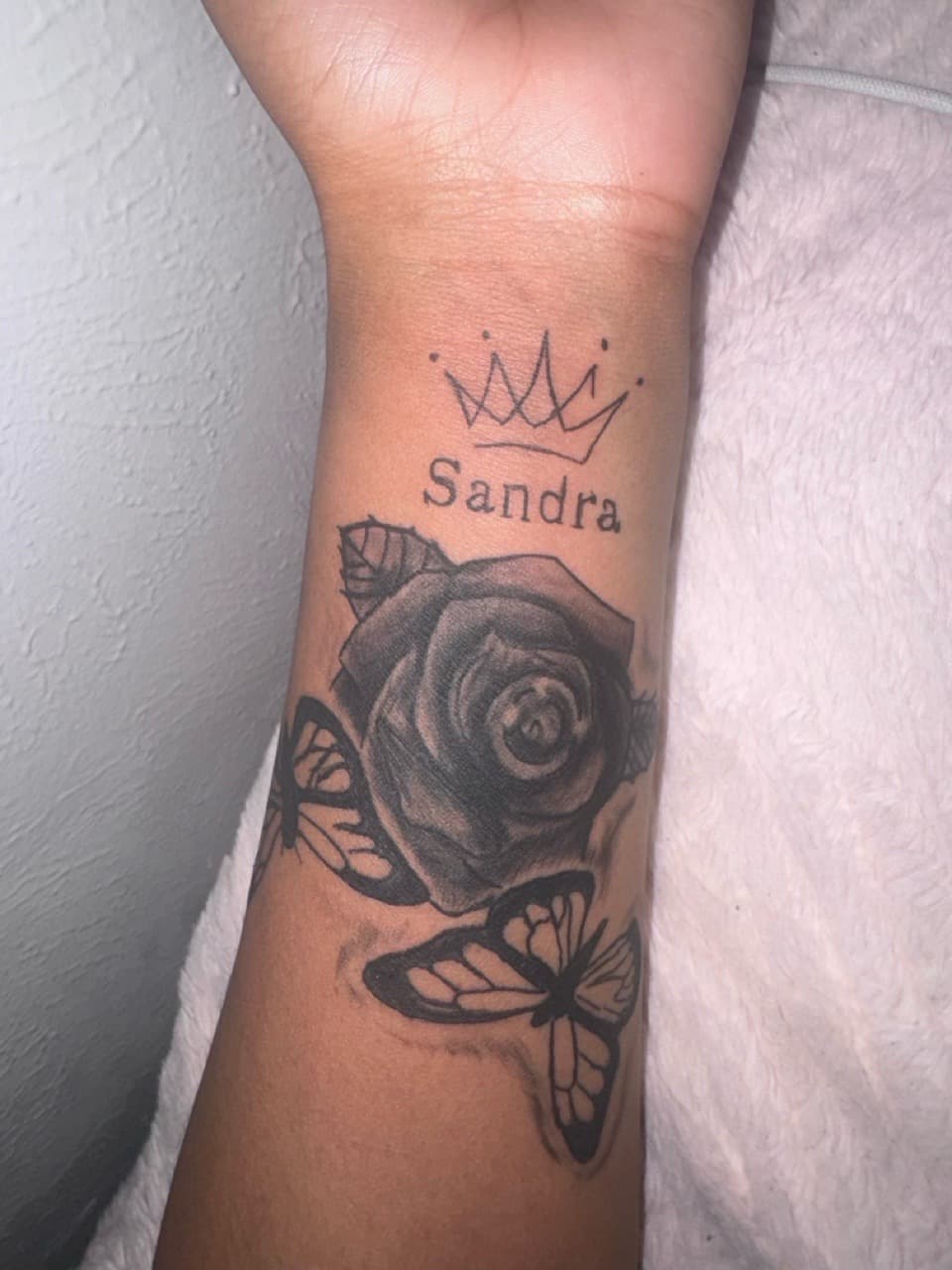Black & Grey + Lettering rose tattoo on Wrist by inkedbyzay on TattMe
