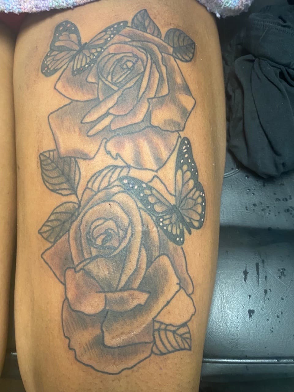 Floral + Line-work roses tattoo on Thigh by InkGuru_Sway on TattMe