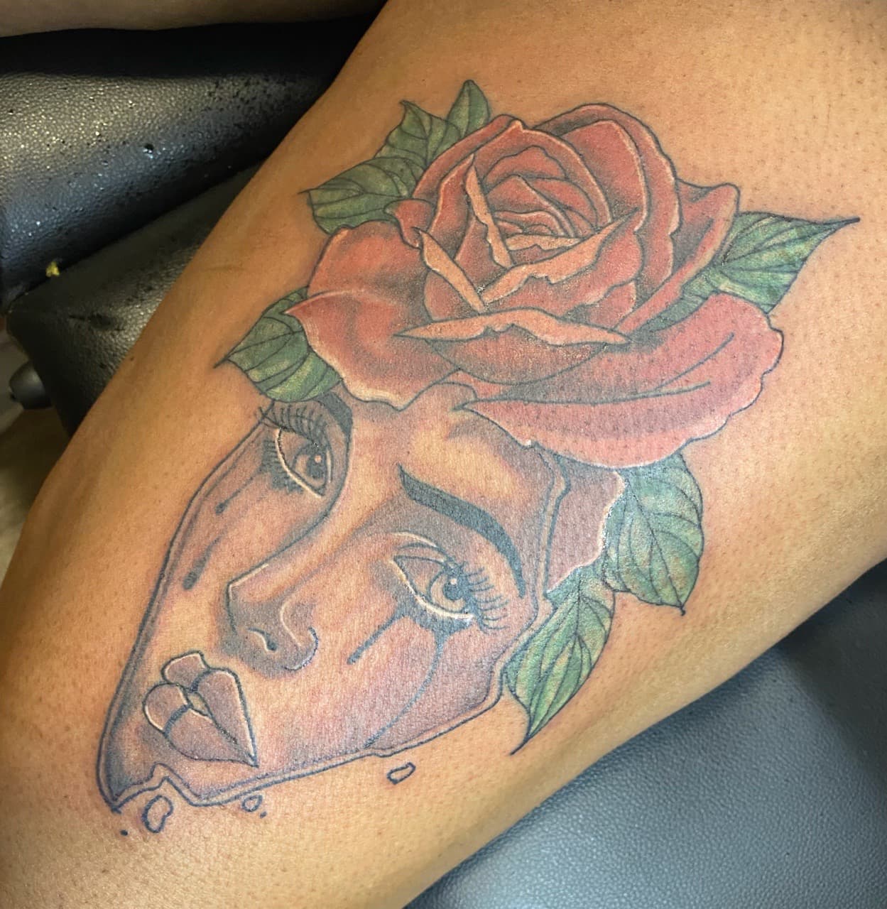 Illustrative + Color rose tattoo on Thigh by InkGuru_Sway on TattMe