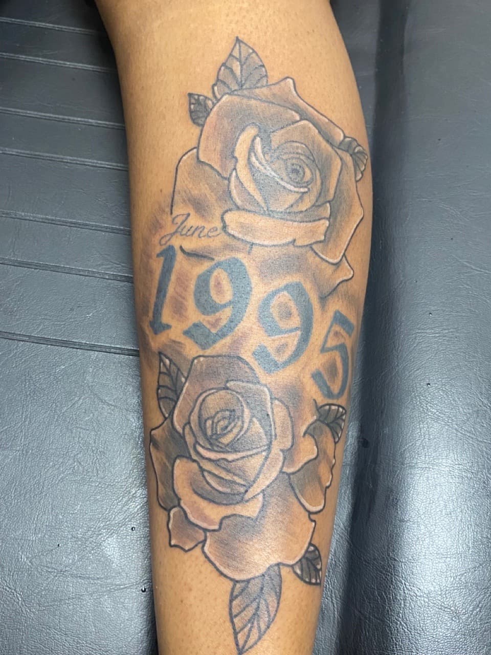 Black & Grey + Floral roses tattoo on Calf by InkGuru_Sway on TattMe