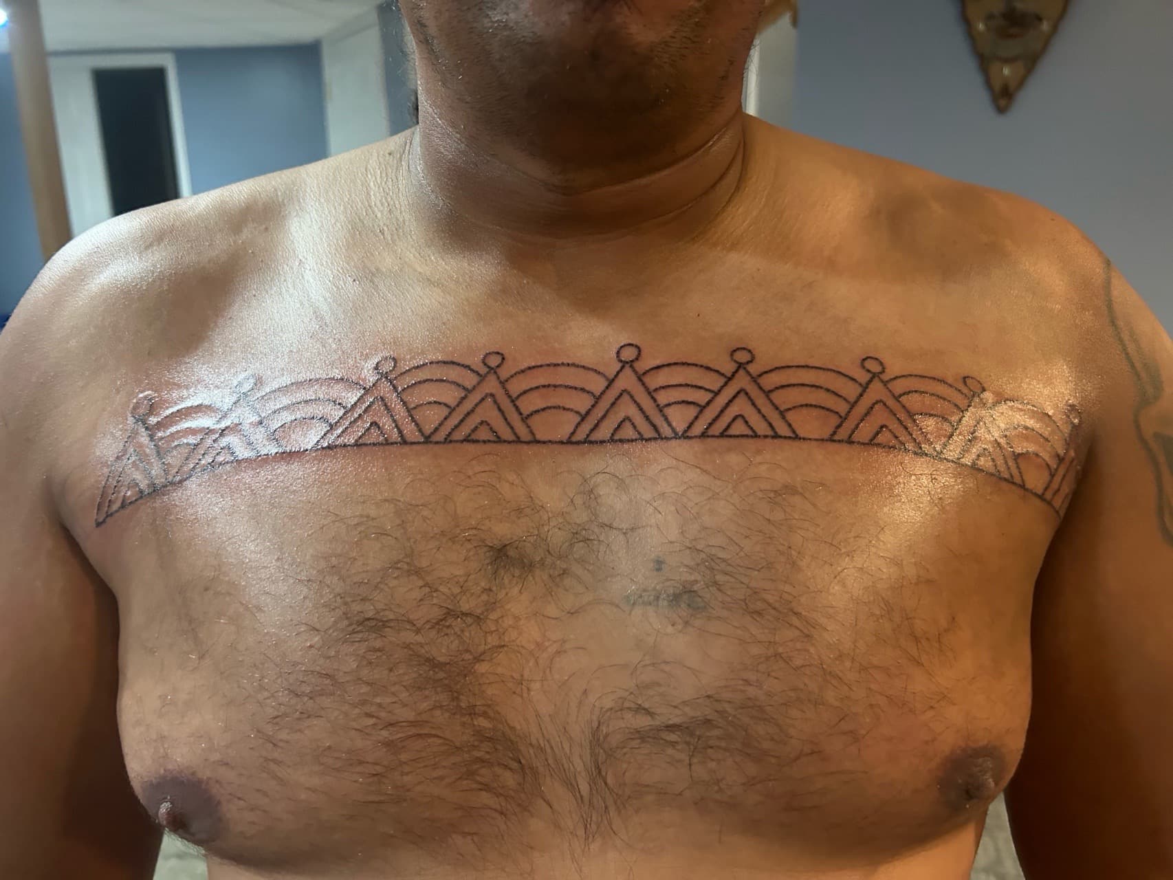 Geometric + Line-work pattern tattoo on Chest by red_rock_designs on TattMe