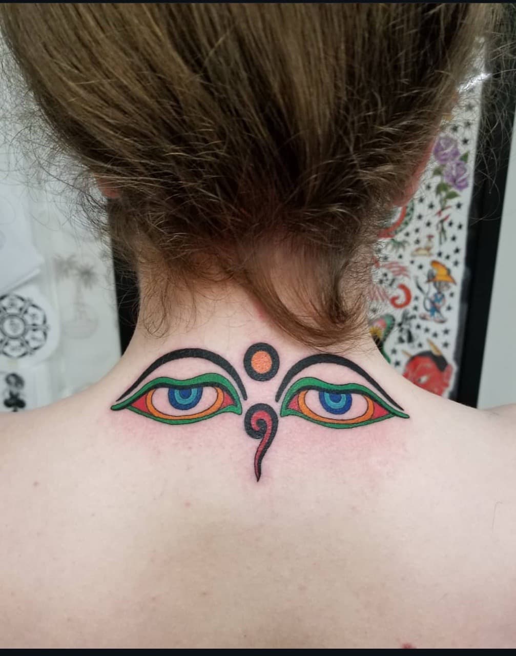 Color + Illustrative eyes tattoo on Neck (Back) by abutattoo1 on TattMe