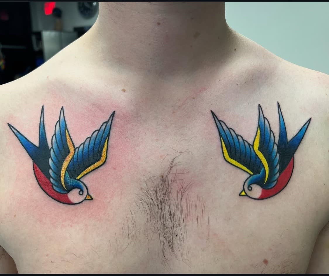 Traditional + American Traditional swallows tattoo on Chest by abutattoo1 on TattMe