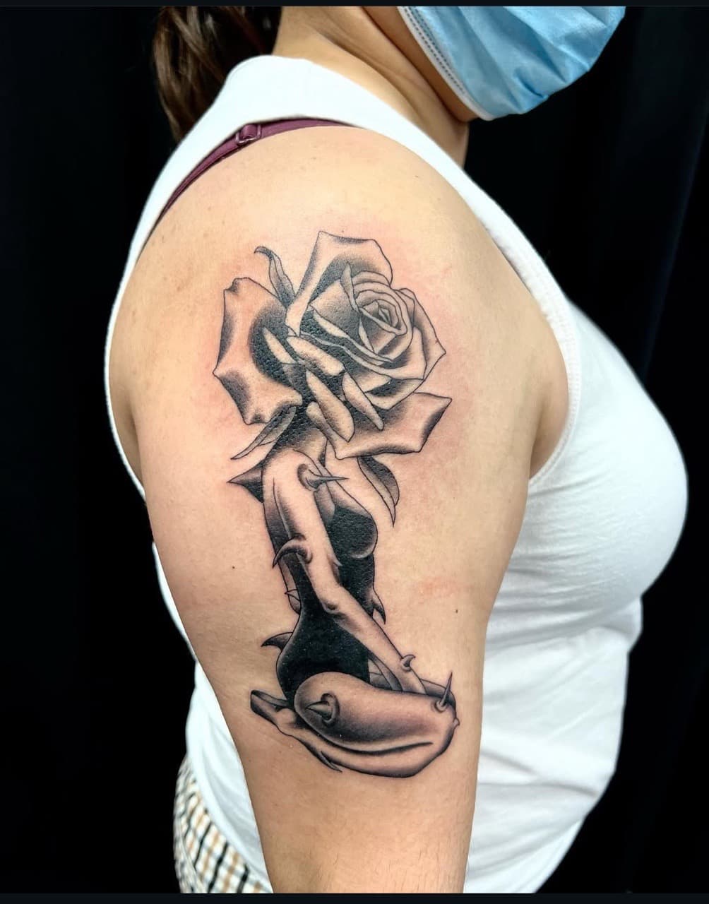 Black & Grey + Illustrative rose tattoo on Upper Arm by abutattoo1 on TattMe