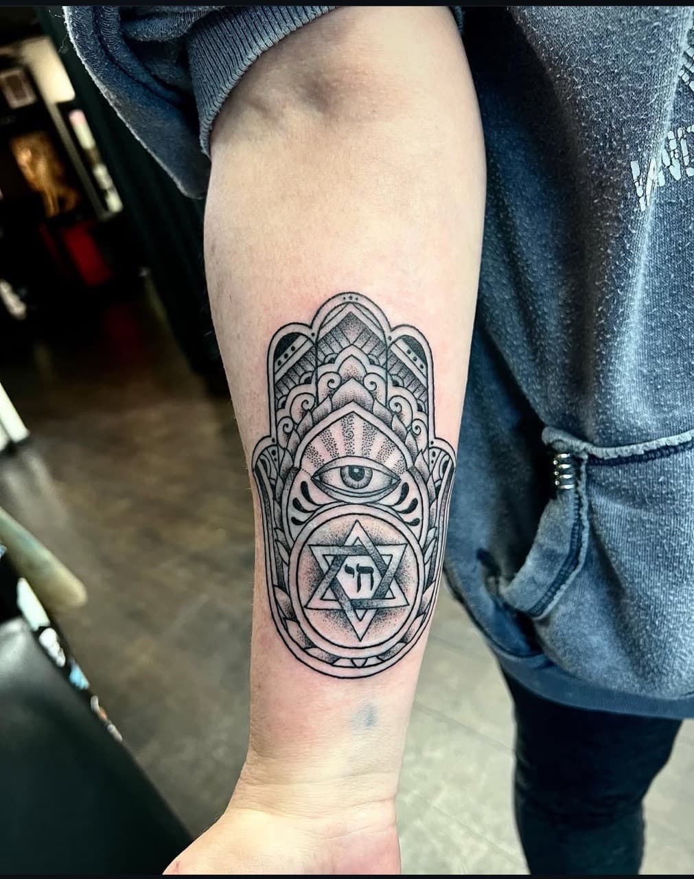 Black & Grey + Dot-work hamsa tattoo on Forearm by abutattoo1 on TattMe