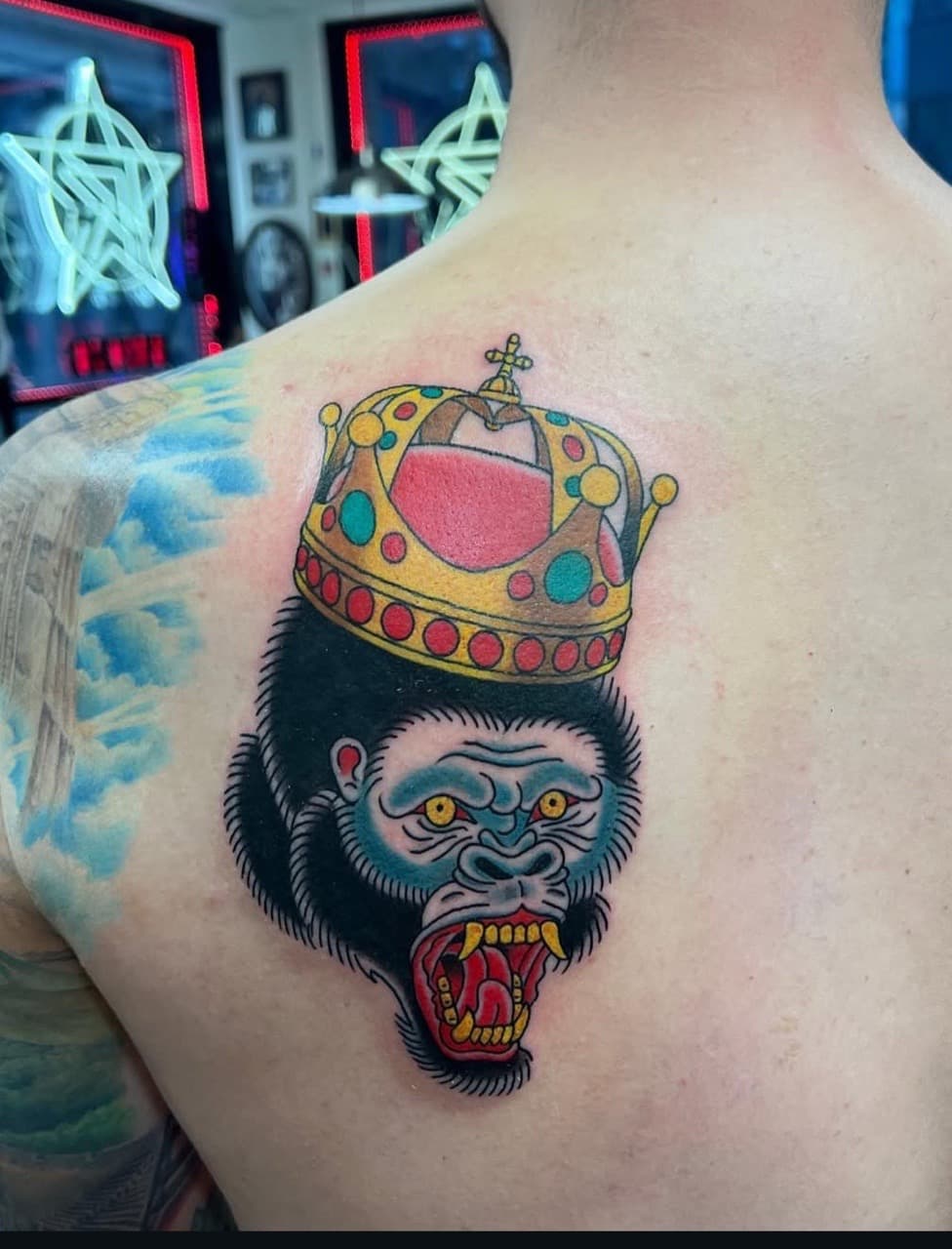 Traditional + American Traditional gorilla tattoo on Shoulder Blade by abutattoo1 on TattMe
