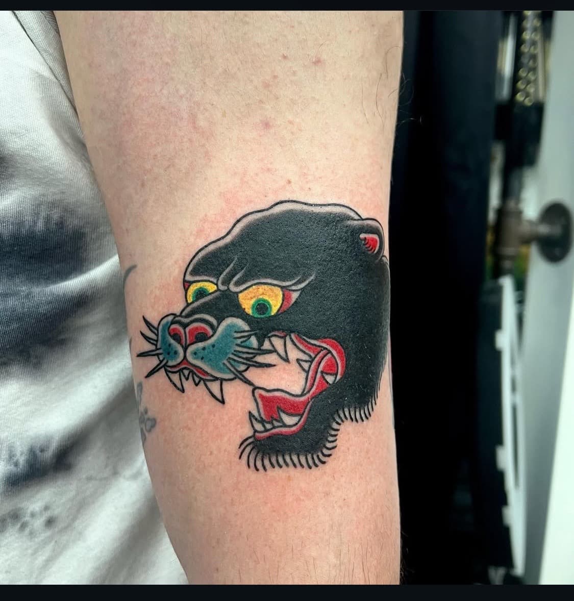 Traditional + American Traditional panther tattoo on Upper Arm by abutattoo1 on TattMe