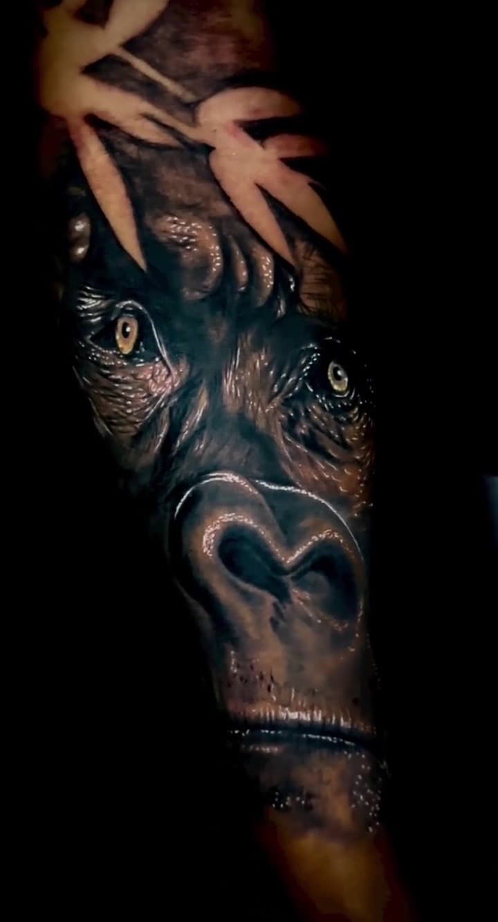 Realism + Black & Grey gorilla tattoo on Forearm by XRayVizionz on TattMe