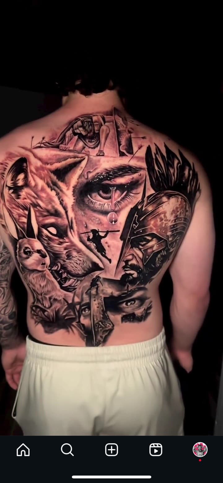 Black & Grey + Realism wolf tattoo on Upper Back by XRayVizionz on TattMe