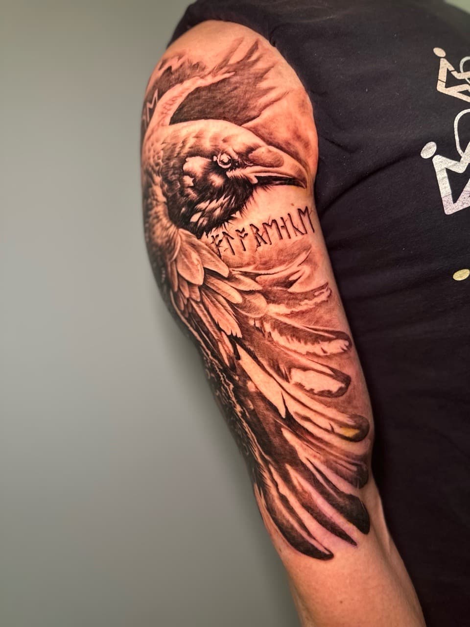 Black & Grey + Realism raven tattoo on Upper Arm by XRayVizionz on TattMe
