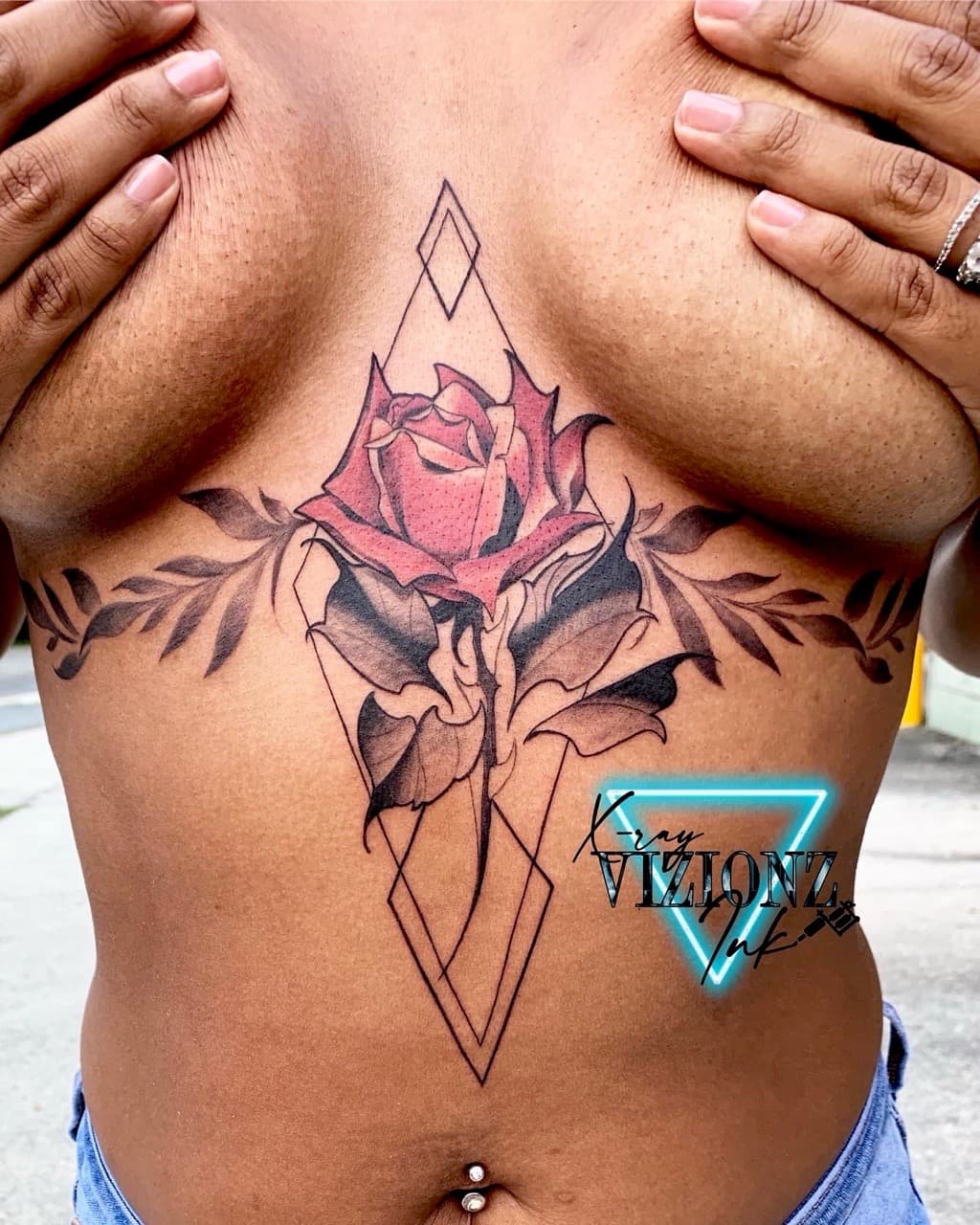 Floral + Geometric rose tattoo on Sternum by XRayVizionz on TattMe