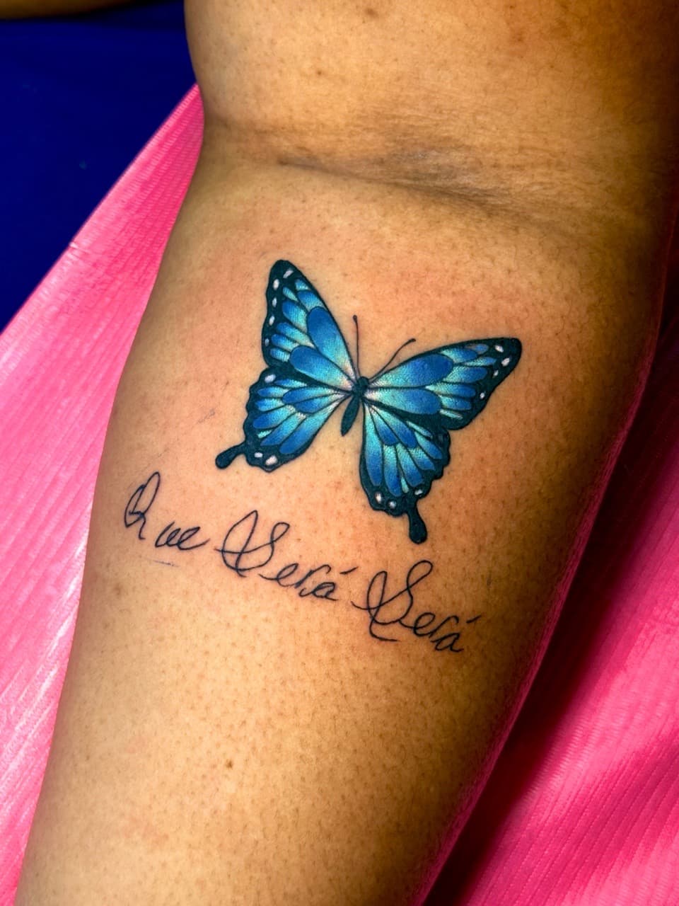 Color + Lettering butterfly tattoo on Upper Arm by Ria_Rabitt on TattMe