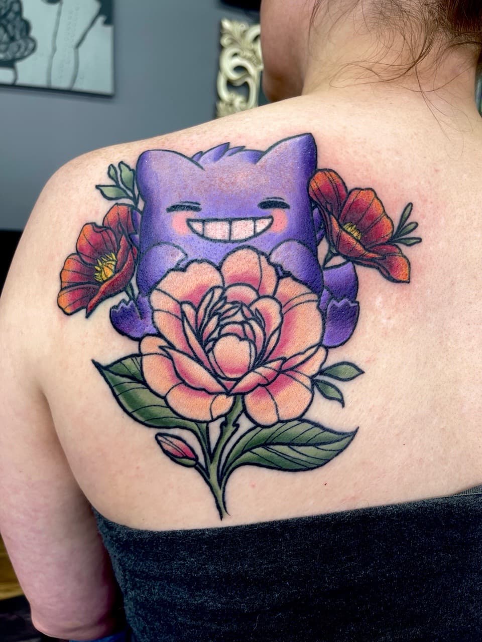 Color + Illustrative gengar tattoo on Shoulder Blade by Ria_Rabitt on TattMe