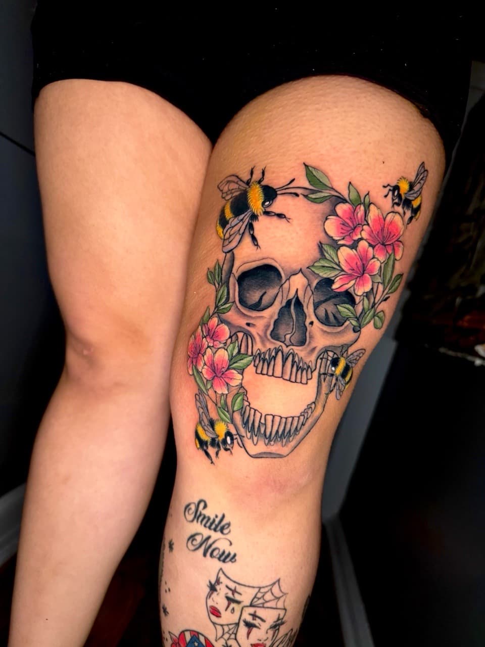 Illustrative + Color skull tattoo on Thigh by Ria_Rabitt on TattMe