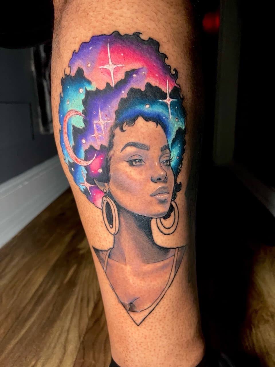 Illustrative + Color woman tattoo on Calf by Ria_Rabitt on TattMe