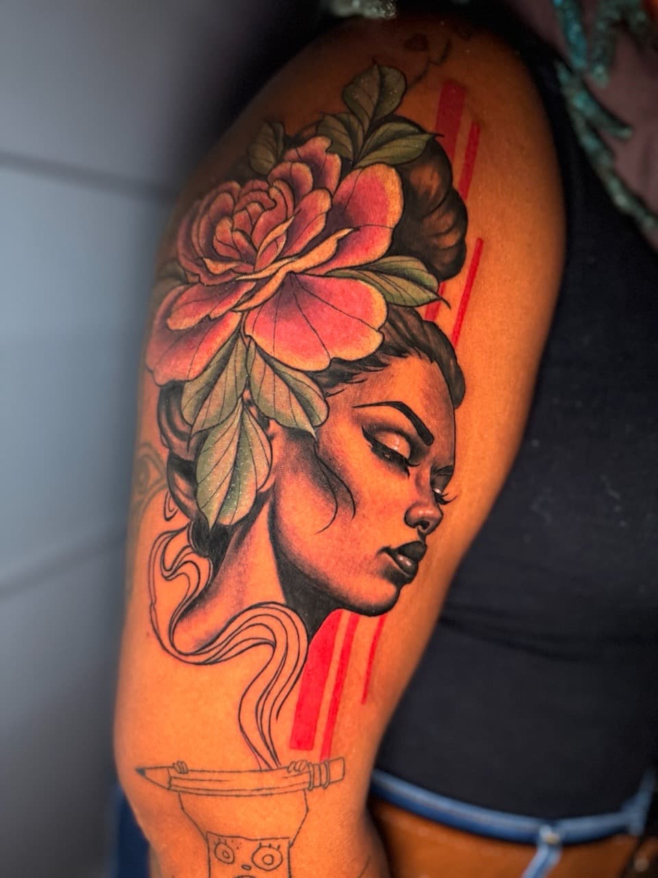 Floral + Illustrative woman tattoo on Upper Arm by Ria_Rabitt on TattMe