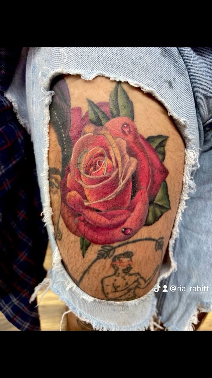 Realism + Color rose tattoo on Thigh by Ria_Rabitt on TattMe