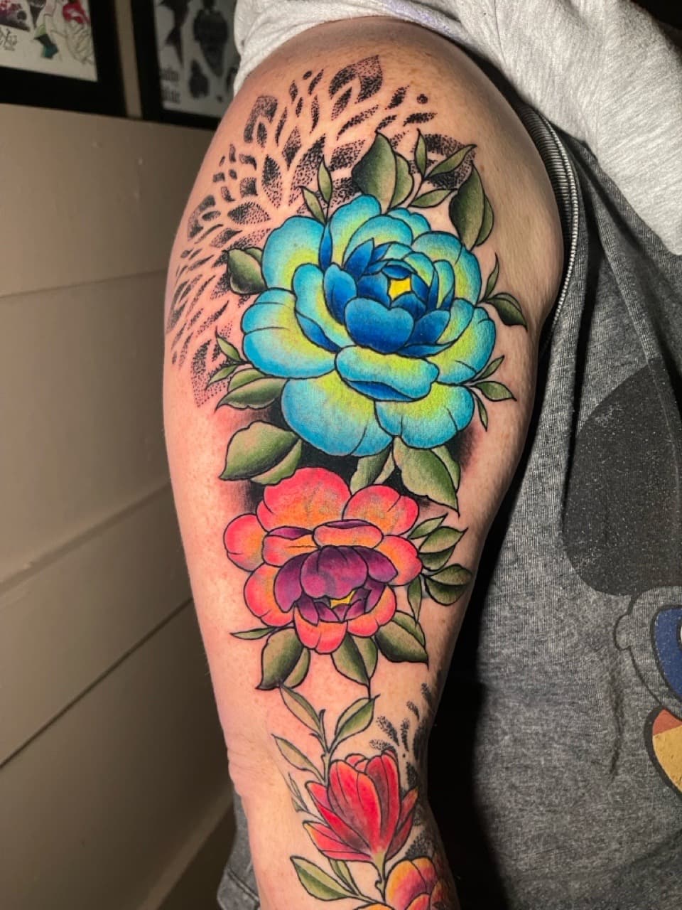 Floral + Color flowers tattoo on Upper Arm by Ria_Rabitt on TattMe