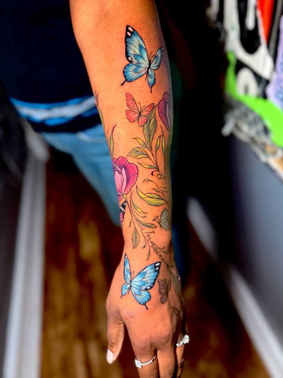 Color + Floral butterflies tattoo on Forearm by Ria_Rabitt on TattMe