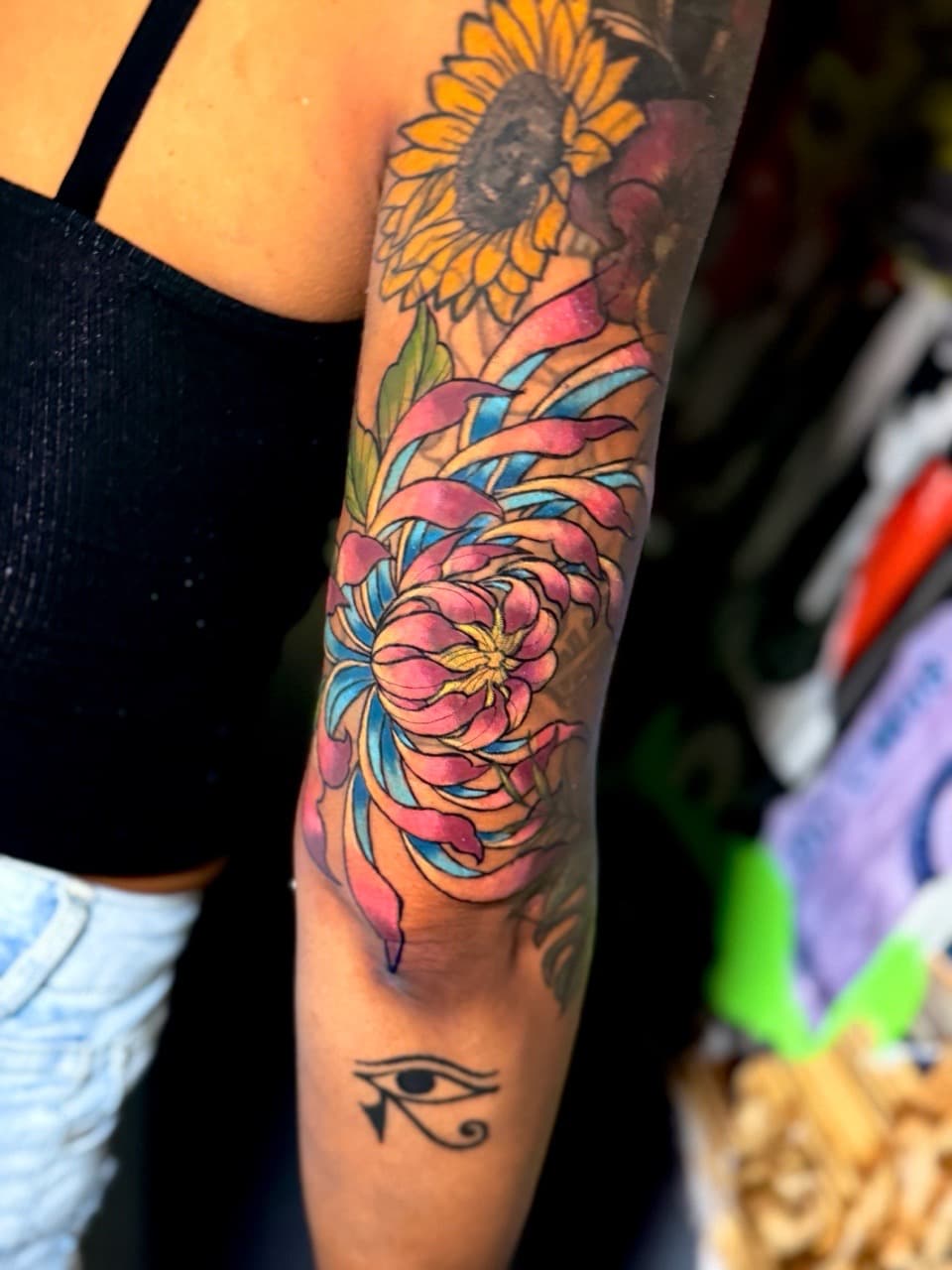 Floral + Color chrysanthemum tattoo on Half Sleeve by Ria_Rabitt on TattMe