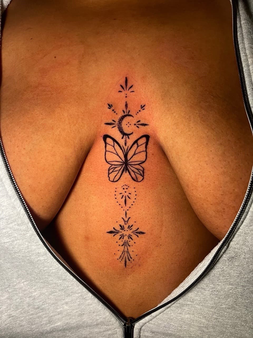 Fine Line + Dot-work butterfly tattoo on Sternum by Ria_Rabitt on TattMe