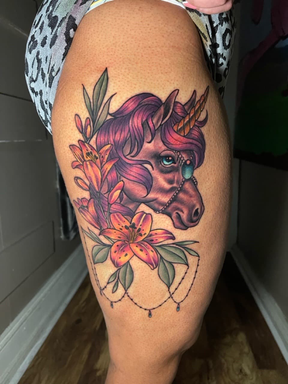 Color + Illustrative unicorn tattoo on Thigh by Ria_Rabitt on TattMe