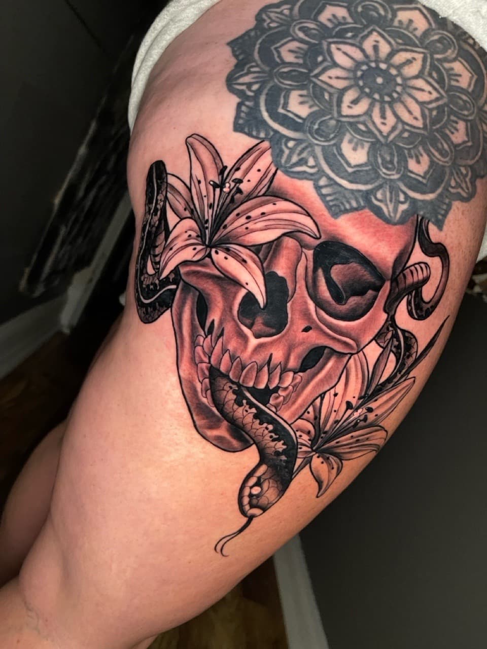Black & Grey + Illustrative skull tattoo on Thigh by Ria_Rabitt on TattMe