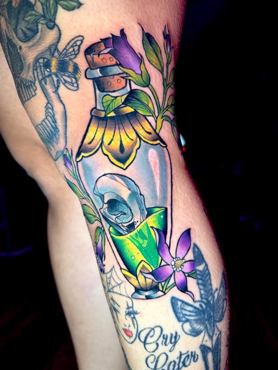 Neo-Traditional + Illustrative bottle tattoo on Knee by Ria_Rabitt on TattMe
