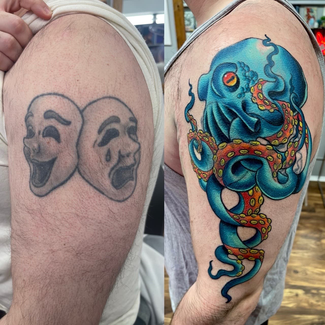 Color + New School octopus tattoo on Upper Arm by Ria_Rabitt on TattMe